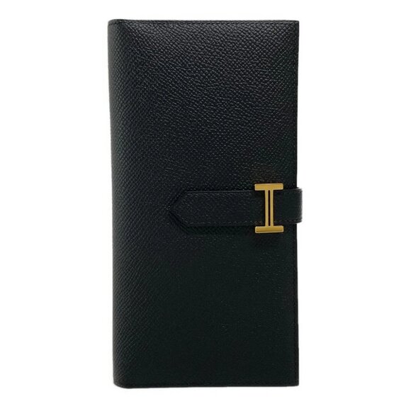 Auth HERMES Bearn Souffle Verso - Black Blue Navy Veau Epsom W Long Wallet - Picture 1 of 12